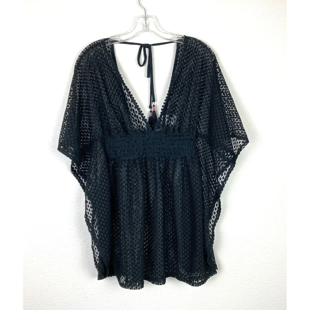 Xhilaration Women’s Crochet Lace Cover Up Size S Black Babydoll Tassels Beach